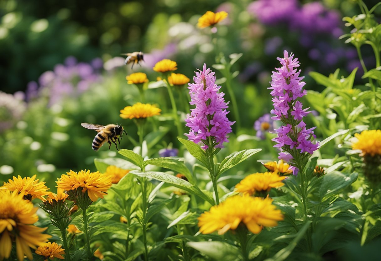 Lush garden with colorful perennials in full bloom, surrounded by native plants and mulch. Bees and butterflies flit among the flowers, creating a vibrant and sustainable outdoor space