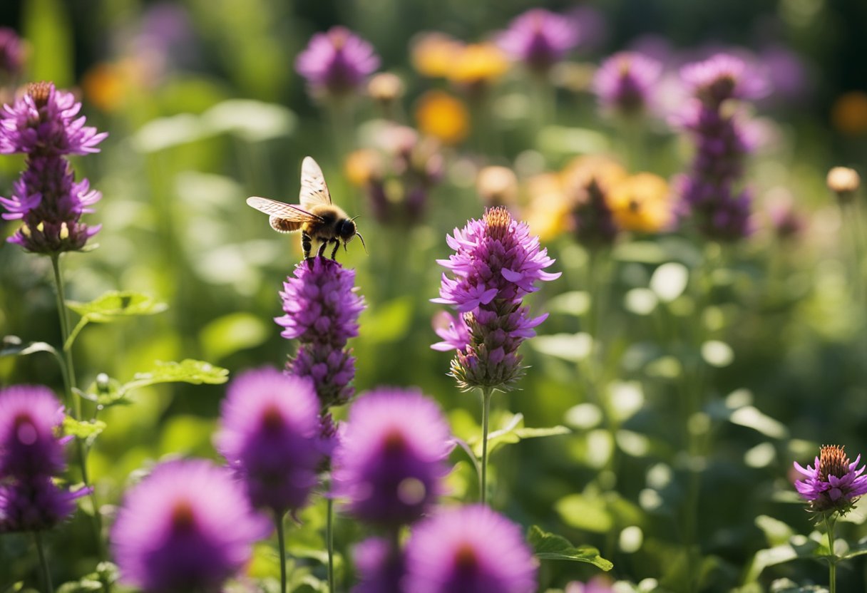 A garden filled with colorful native perennials, buzzing with bees and butterflies. The flowers are thriving in the sunlight, creating a sustainable and vibrant outdoor space