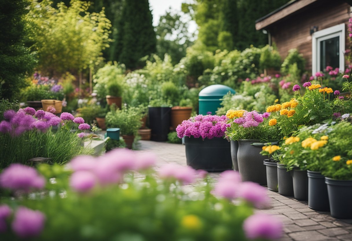 A lush garden with colorful perennial flowers arranged in a sustainable design, surrounded by eco-friendly features like rain barrels and compost bins