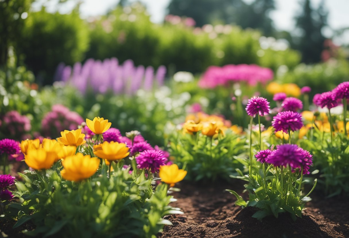 Colorful perennial flowers bloom in a garden, surrounded by water-saving techniques like mulching and drip irrigation. The scene depicts a sustainable and vibrant outdoor space