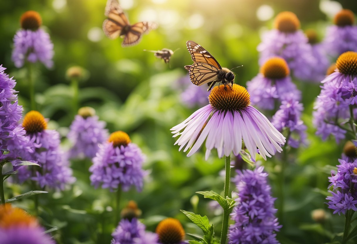 A lush garden filled with vibrant perennials, buzzing with bees and fluttering with butterflies. A peaceful oasis supporting wildlife and promoting sustainability