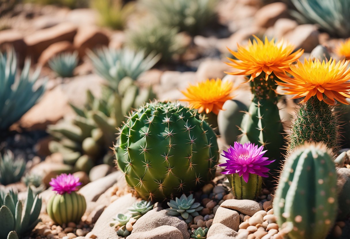 Vibrant, colorful flowers and plants thriving in arid, sun-drenched landscapes. Succulents and cacti blooming amidst rocky terrain. Wildlife enjoying the natural beauty of a sustainable, water-efficient garden