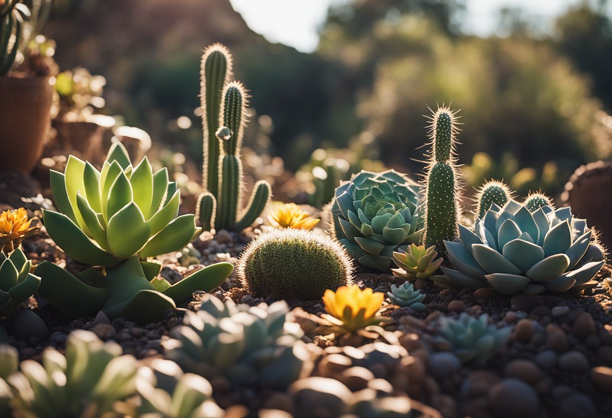 A colorful garden with succulents and cacti thriving in dry soil. Sunlight illuminates the vibrant plants, while a small stream of water trickles through the landscape