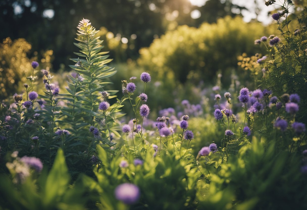 A vibrant garden with native plants thriving in dry soil, attracting pollinators and conserving water