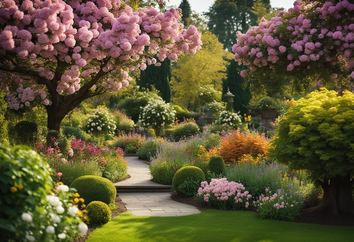 A garden bursting with vibrant blooms and lush foliage in all seasons, from delicate spring flowers to rich autumn hues