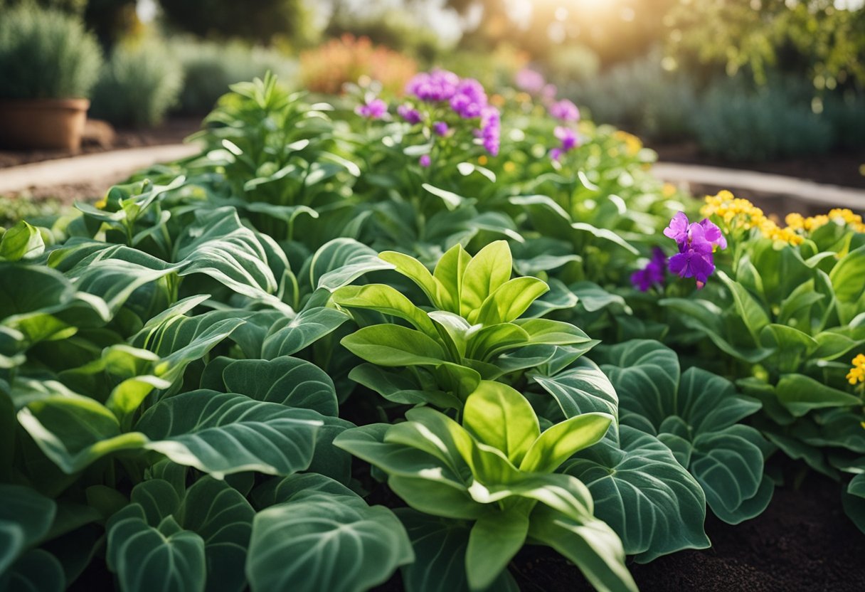 A lush garden with vibrant, resilient plants thriving in dry conditions. Water-saving features and healthy soil are visible, showcasing the economic benefits of drought-tolerant gardens