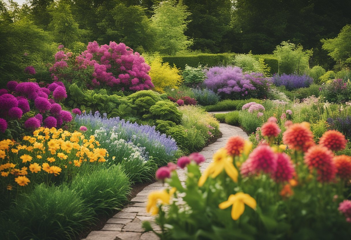 A vibrant garden bursting with colorful perennials in full bloom, showcasing a variety of textures and heights, creating a visually stunning display of year-round color