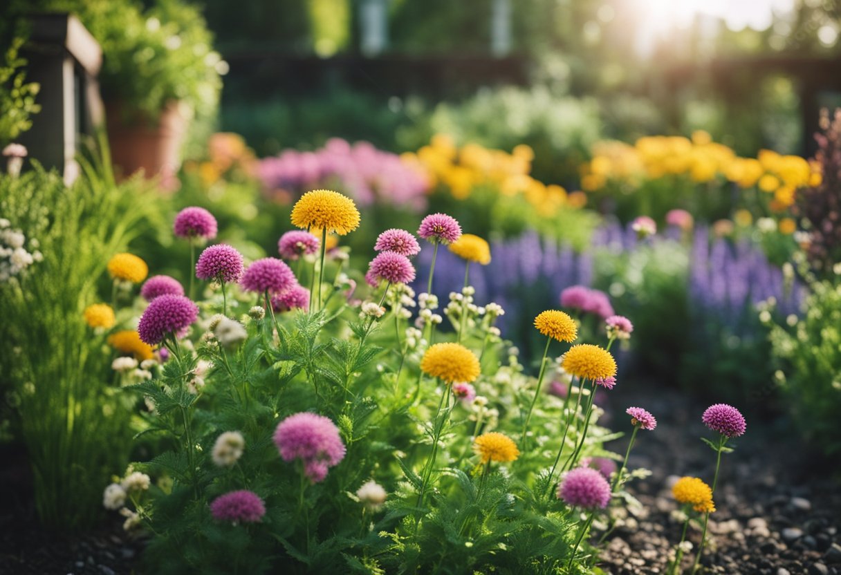 A garden with a variety of colorful perennial plants, suited to the local climate, blooming throughout the year