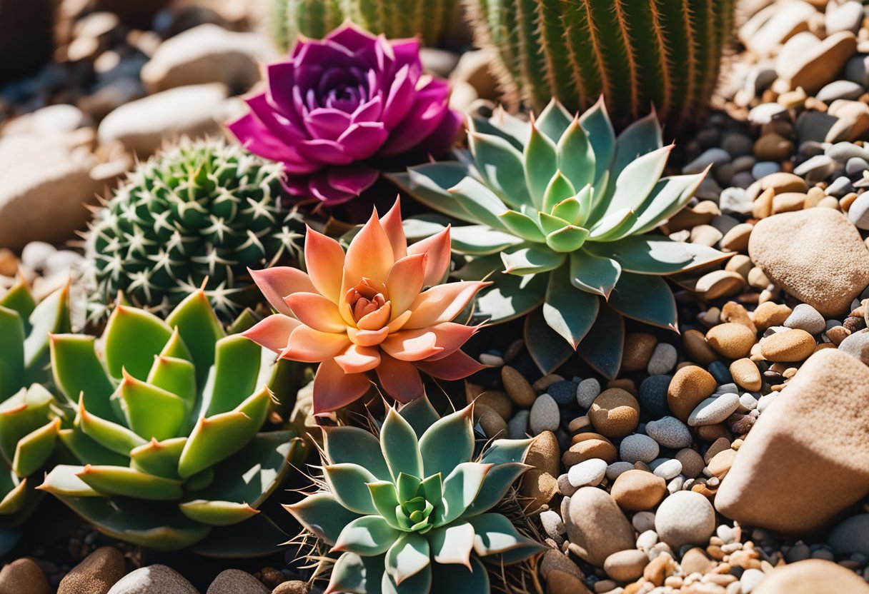 Vibrant succulents and cacti thrive in a sun-drenched, arid landscape, surrounded by rocks and gravel. A colorful array of low-water plants creates a visually stunning and sustainable garden