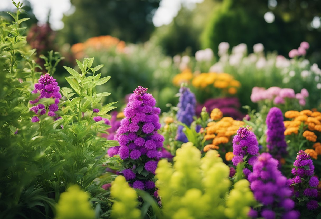 A garden bursting with year-round color, featuring vibrant perennial outdoor plants in full bloom, creating a stunning and lively landscape