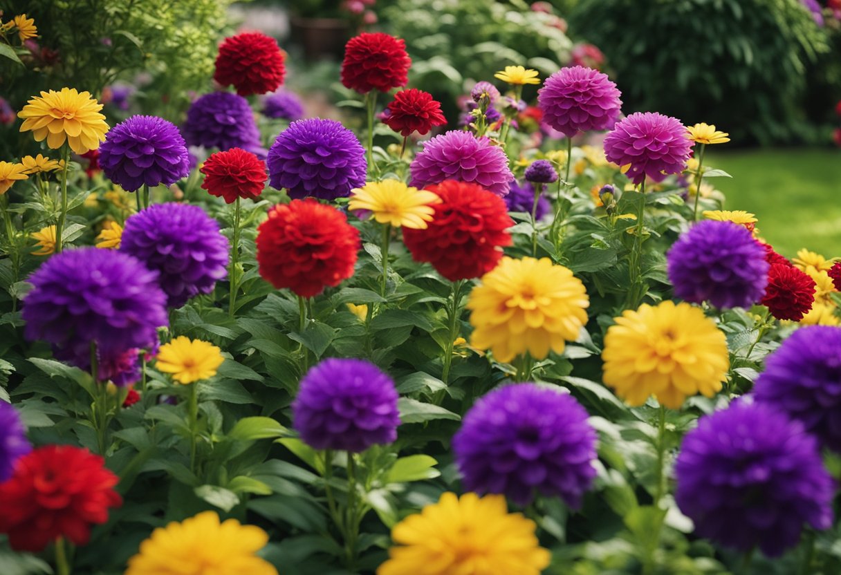 A garden bursting with vibrant colors: red, yellow, and purple flowers blooming in perfect harmony throughout the year. Green foliage provides a lush backdrop for the stunning display