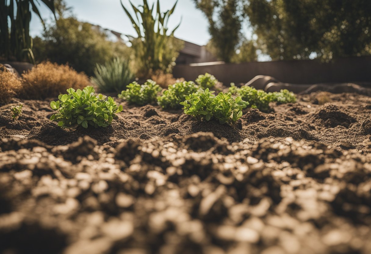 A garden with dry, cracked soil and wilted plants. Despite the harsh conditions, some resilient greenery thrives, showcasing the benefits of drought-tolerant gardens