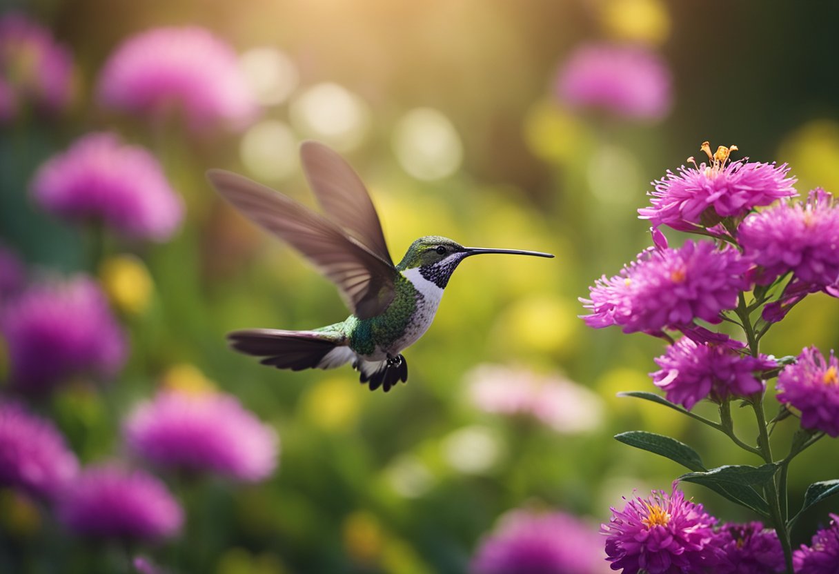 Colorful flowers sway in the breeze as butterflies and hummingbirds flit and flutter among them, sipping nectar from the vibrant blooms