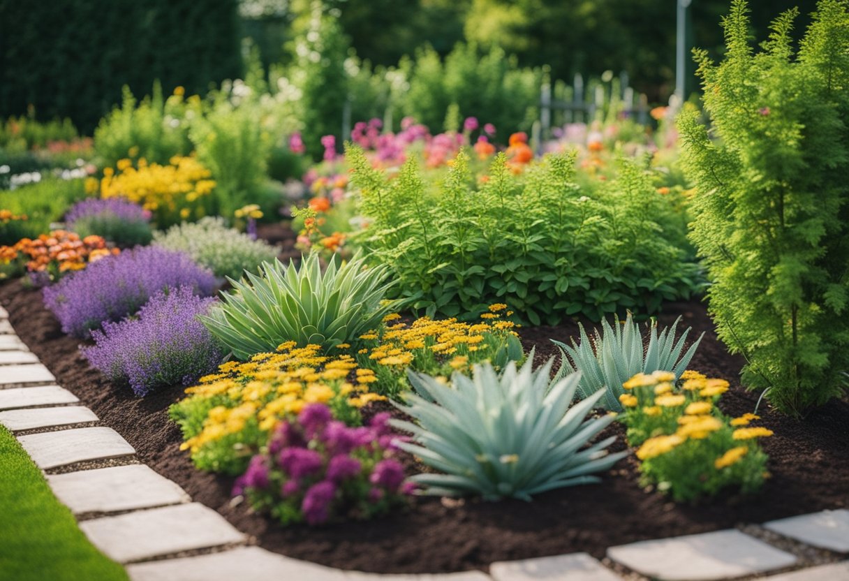 A colorful garden bed with blooming perennial plants in different heights and textures, surrounded by well-maintained pathways and mulched soil