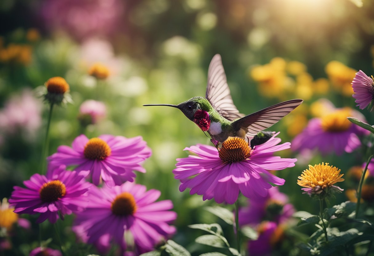 A garden filled with vibrant flowers and buzzing with the activity of butterflies and hummingbirds. The plants are blooming, and the air is filled with the sound of fluttering wings