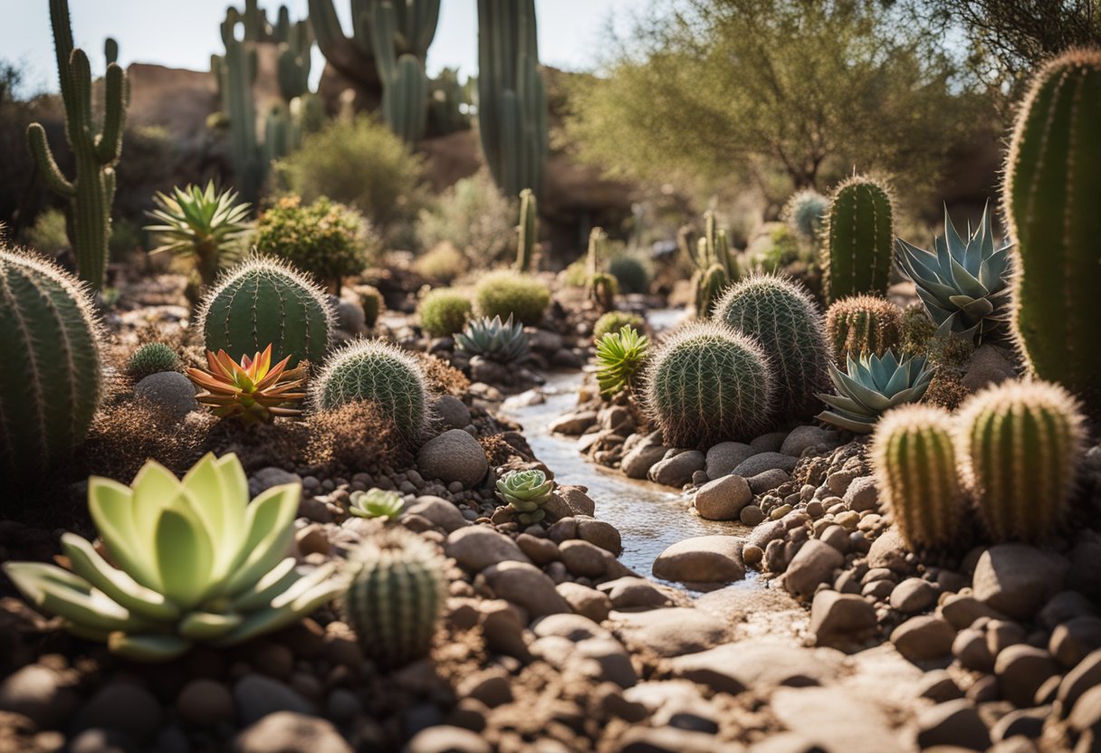 A garden with succulent plants and cacti, surrounded by dry, cracked soil. A small stream of water flows through the garden, providing sustenance to the resilient plants