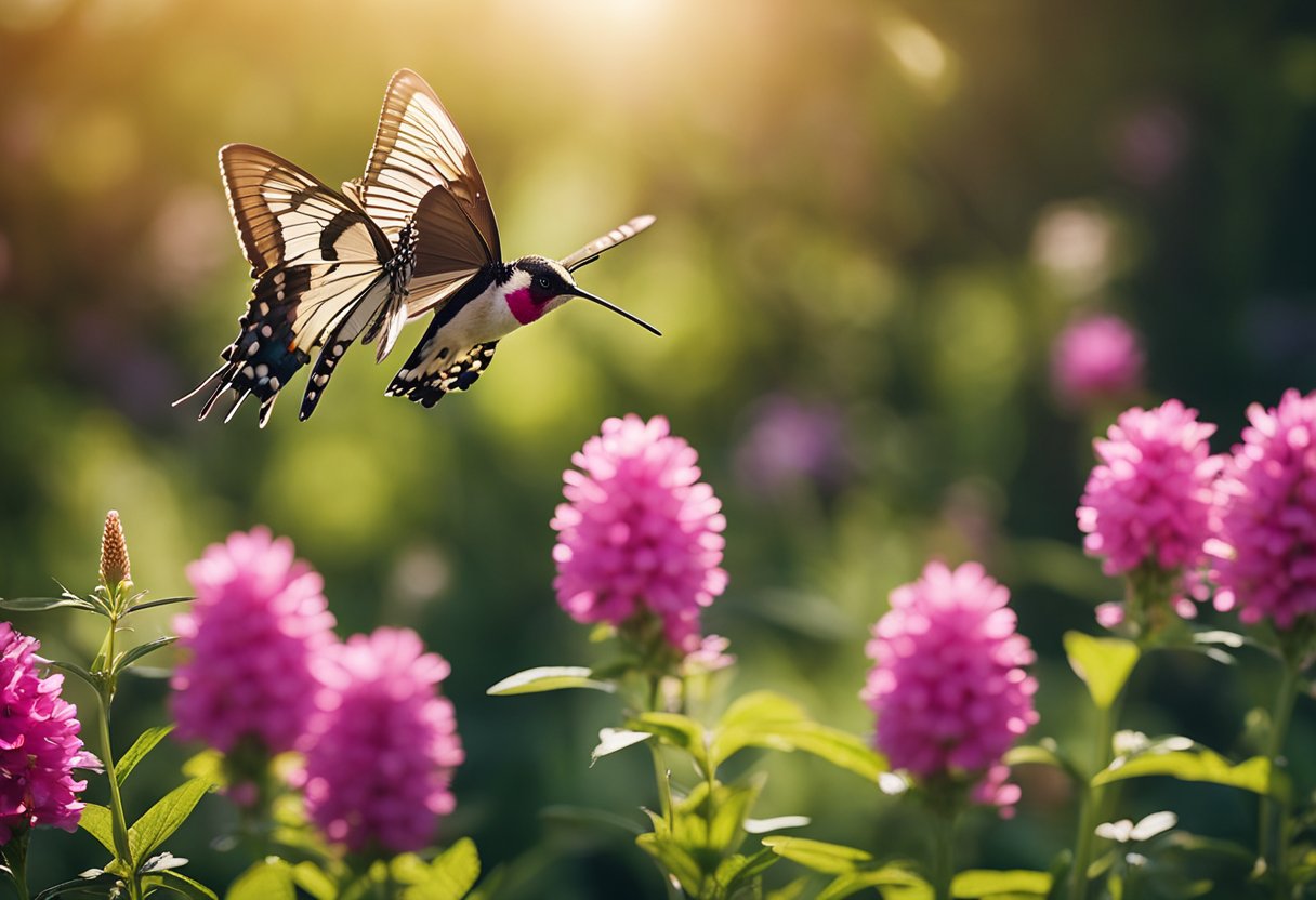 A vibrant garden with colorful flowers, tall grasses, and blooming shrubs. Butterflies flit from flower to flower, while hummingbirds hover and sip nectar from trumpet-shaped blooms