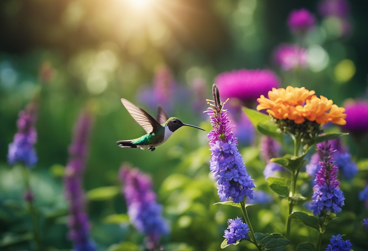 Colorful flowers bloom in a garden, surrounded by fluttering butterflies and hummingbirds. The vibrant plants attract the delicate creatures, creating a picturesque scene