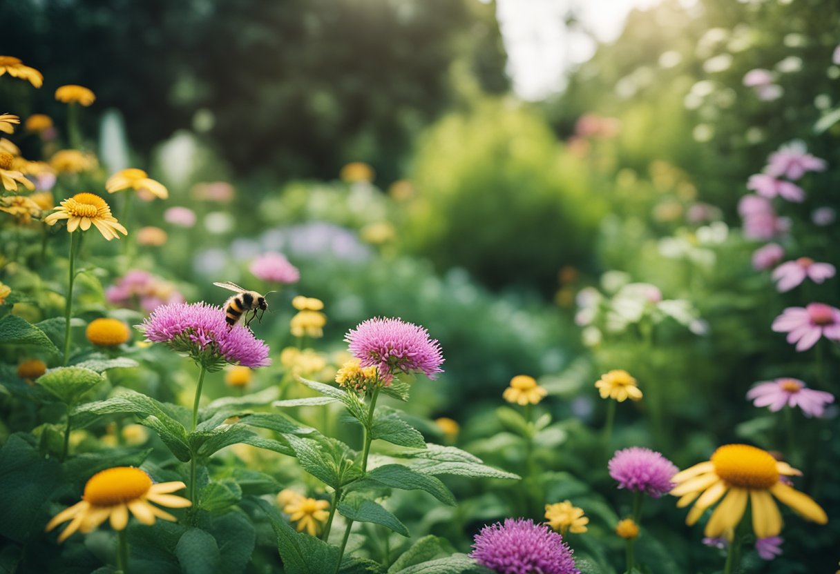 A lush garden filled with blooming perennials in various colors and textures, surrounded by thriving greenery and buzzing pollinators