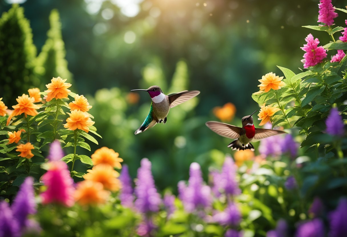 Lush garden with vibrant flowers and tall bushes, hummingbirds and butterflies fluttering around, a peaceful and colorful outdoor scene