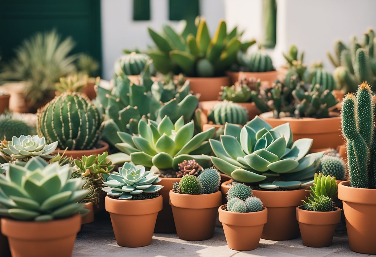 Vibrant succulents and hardy cacti thrive in simple terracotta pots on a sun-drenched patio. A variety of lush green and colorful foliage creates an inviting, low-maintenance outdoor oasis