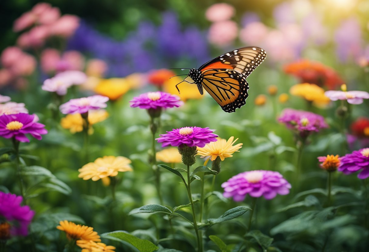 Colorful flowers bloom in a vibrant garden, attracting butterflies and hummingbirds. Lush greenery and delicate petals create a serene and inviting outdoor space