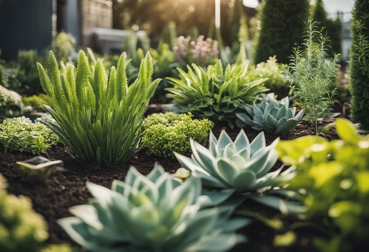 A variety of low-maintenance outdoor plants arranged neatly in a garden, showcasing a mix of colors, textures, and sizes