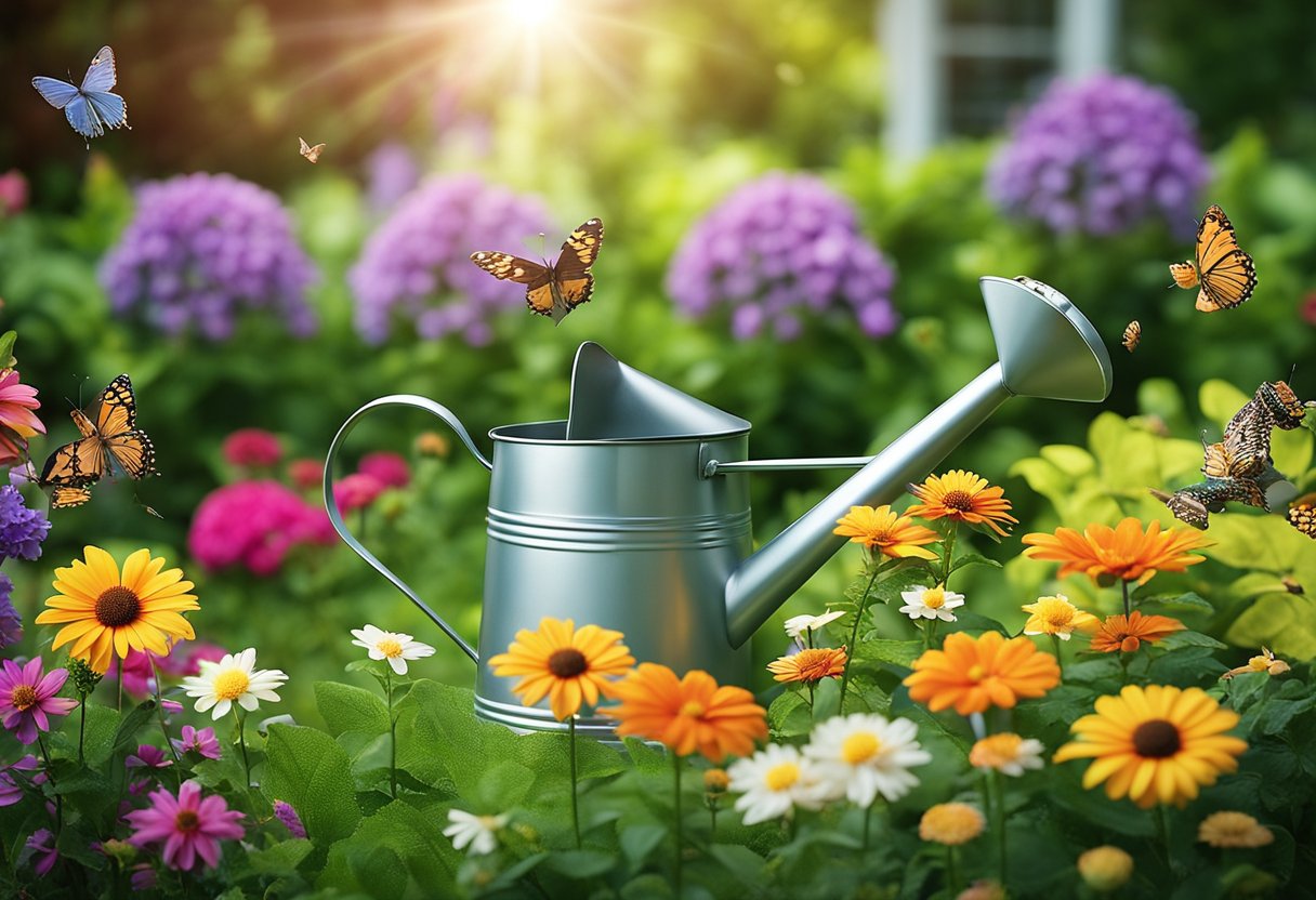 A lush garden with colorful flowers and blooming plants, surrounded by fluttering butterflies and hummingbirds. A watering can and gardening tools are neatly arranged nearby