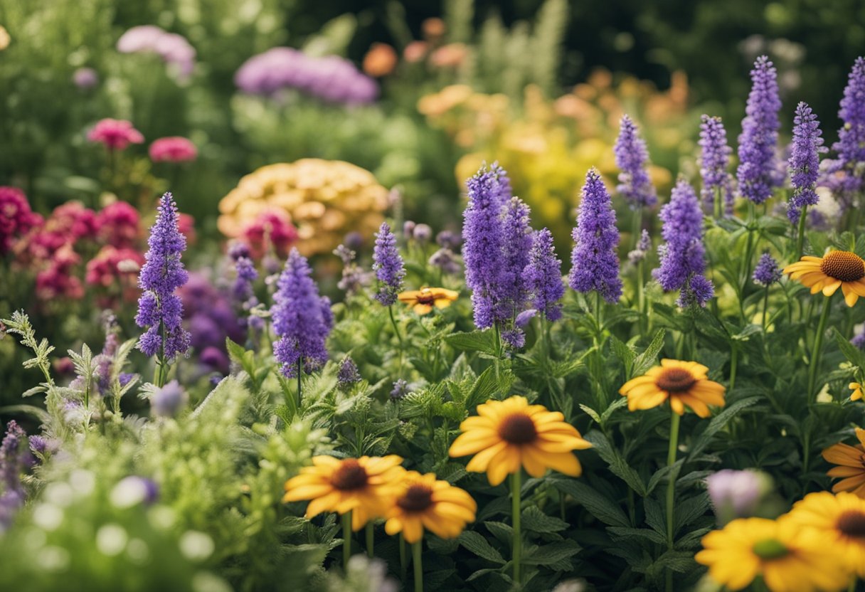 A variety of perennials in full bloom, arranged in a low-maintenance garden with a mix of colors and textures. The plants are thriving and require minimal care