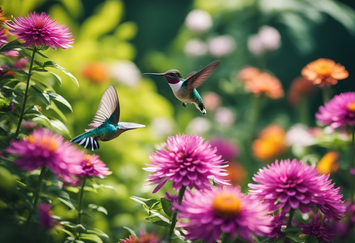 A garden filled with vibrant flowers and lush greenery, attracting fluttering butterflies and hummingbirds. No harmful chemicals or pesticides are used, promoting conservation and ethical gardening practices