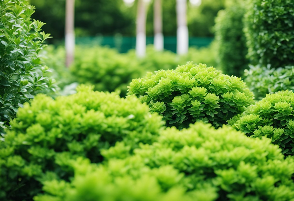 Lush green shrubs and bushes fill the landscape, creating a low-maintenance outdoor garden. The plants are neatly arranged, providing a sense of ease and simplicity for busy gardeners