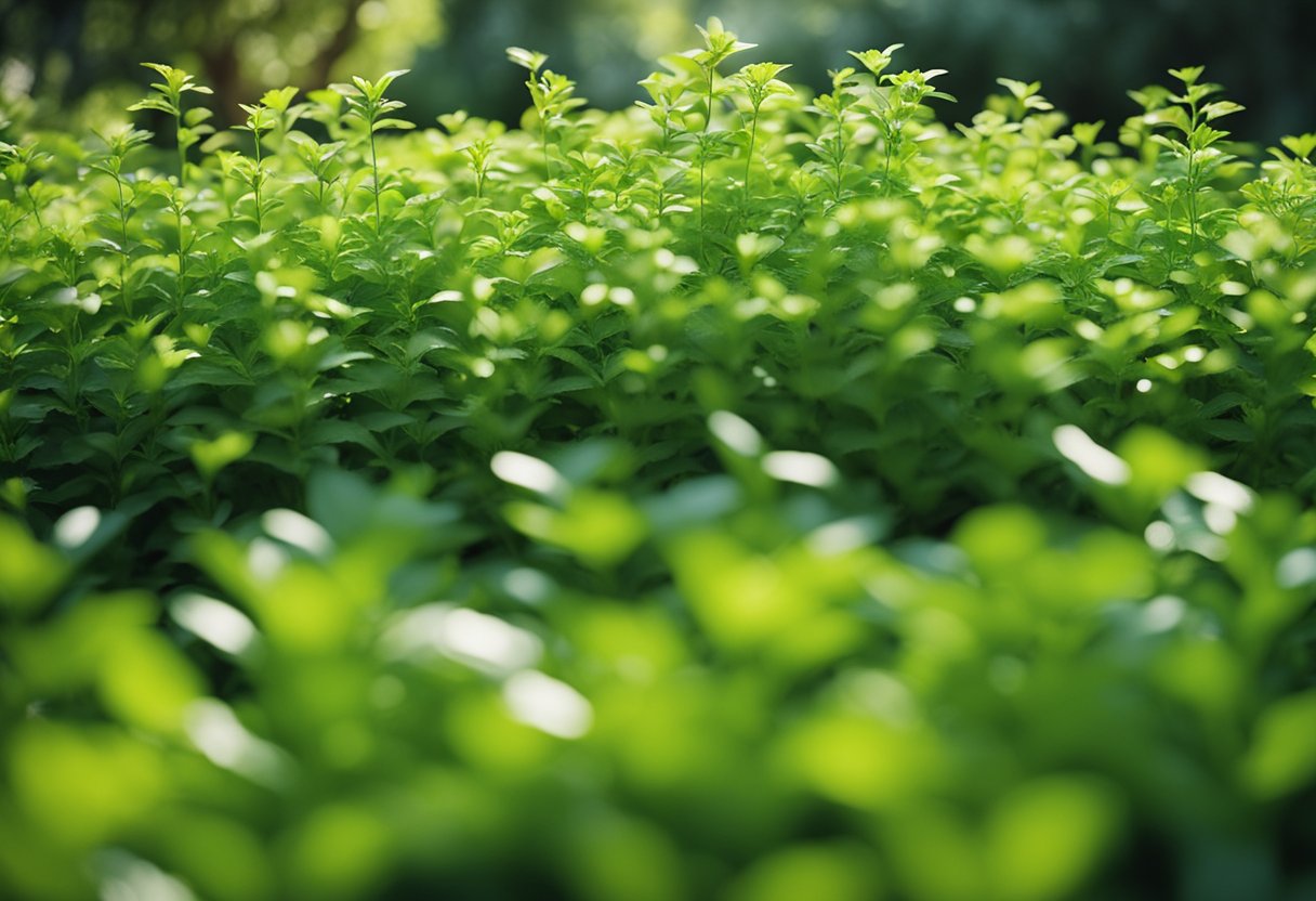 Lush green ground cover plants spread across a neatly landscaped garden, suppressing weeds and requiring minimal upkeep