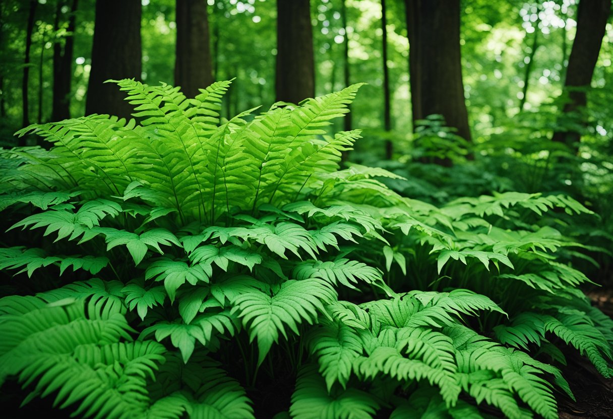 Lush green ferns and delicate hostas thrive under the dappled shade of tall trees, creating a serene and verdant oasis in the shadier areas of the yard