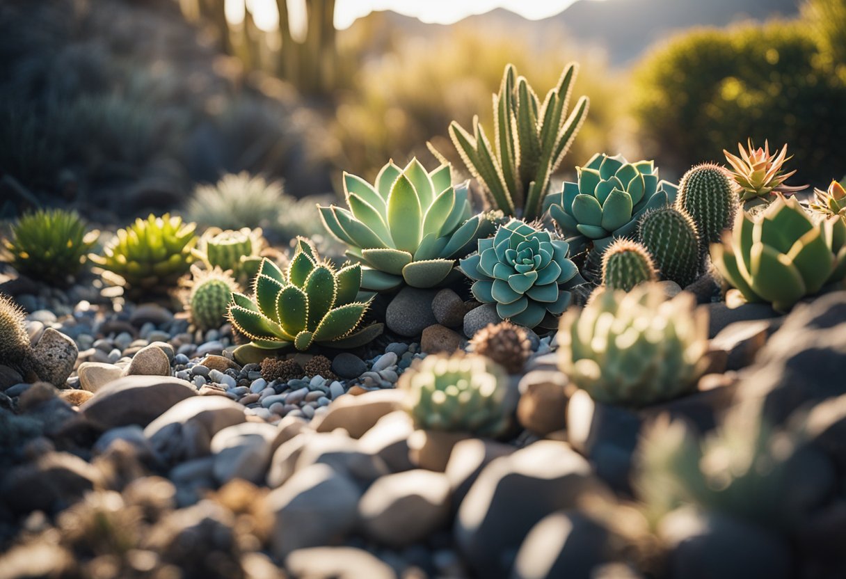 A garden filled with vibrant succulents and cacti, nestled among rocks and gravel. The sun beats down on the hardy plants, showcasing their ability to thrive in arid conditions