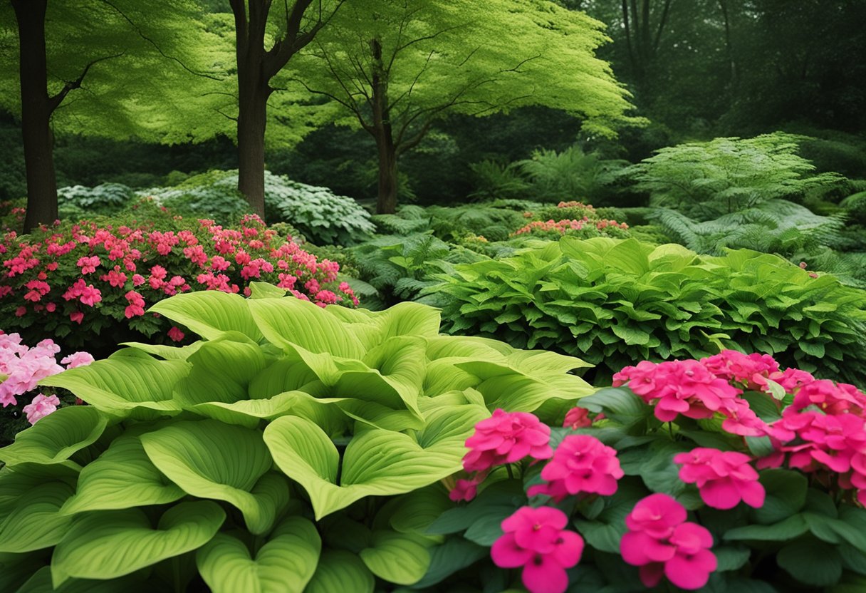 Lush green ferns and vibrant hostas thrive in the dappled shade of a garden, surrounded by colorful impatiens and begonias. A gentle breeze rustles the leaves, creating a peaceful and serene atmosphere