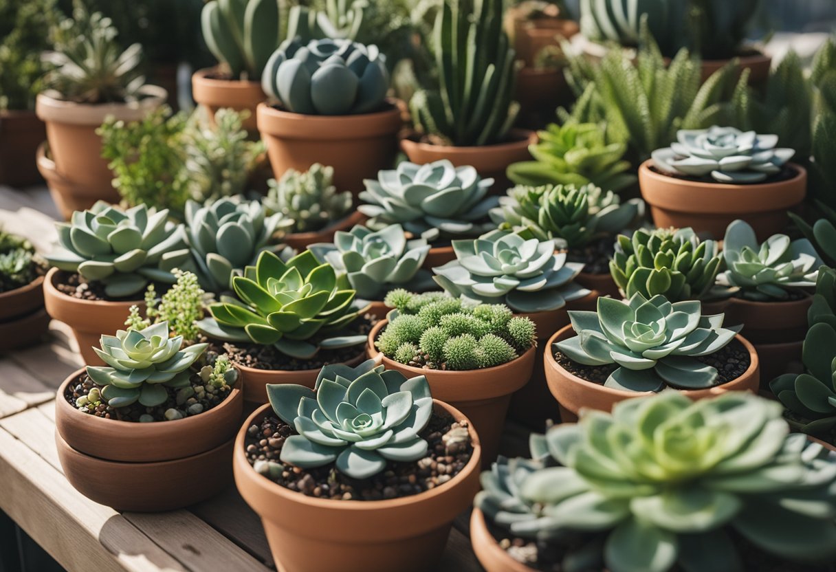 A variety of potted low-maintenance plants, such as succulents and herbs, arranged on a sunny outdoor patio with a mix of container sizes and materials