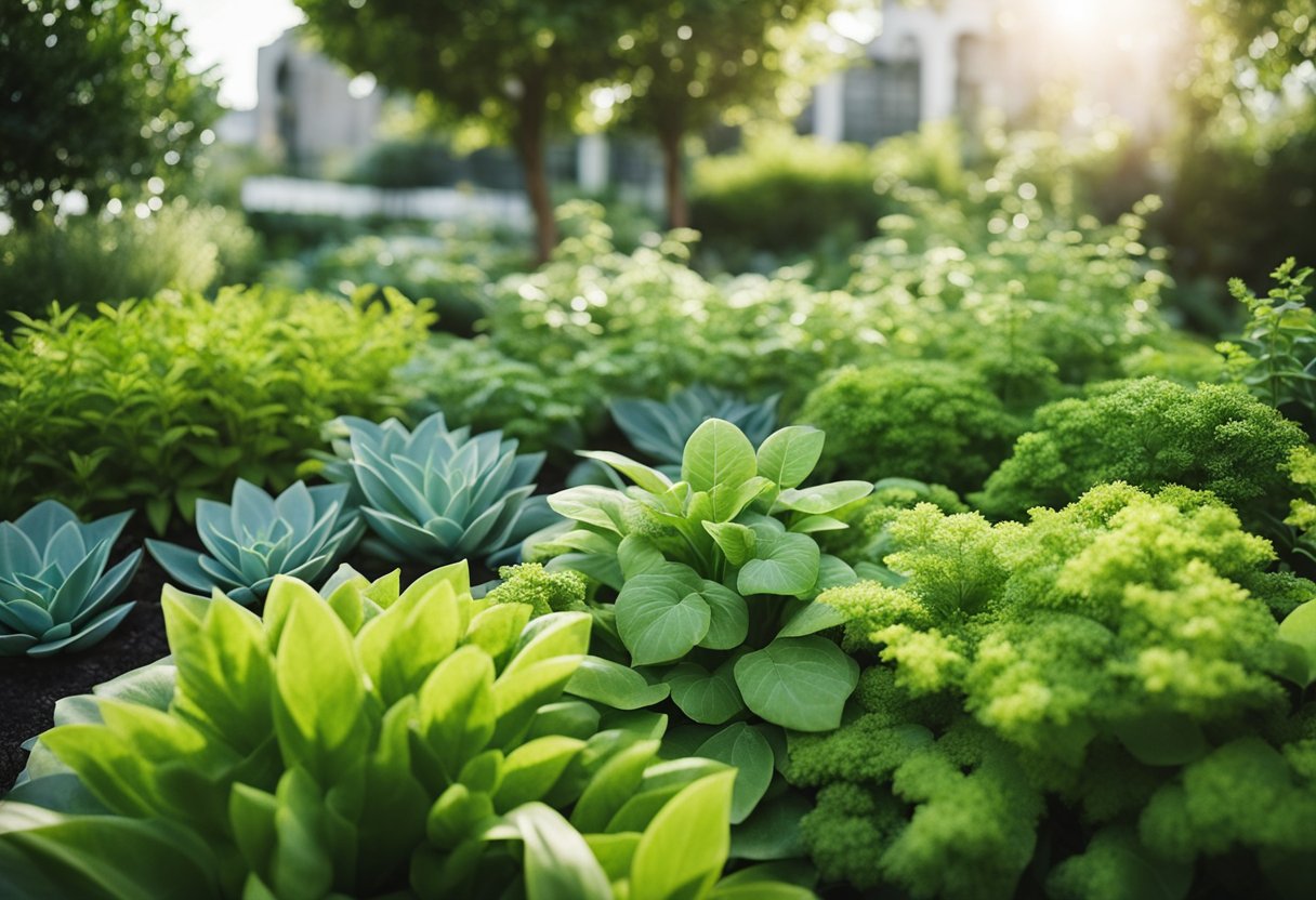 Lush greenery thrives in a neatly arranged garden bed, surrounded by easy-to-care-for plants. A variety of low-maintenance outdoor foliage creates a tranquil and inviting outdoor space