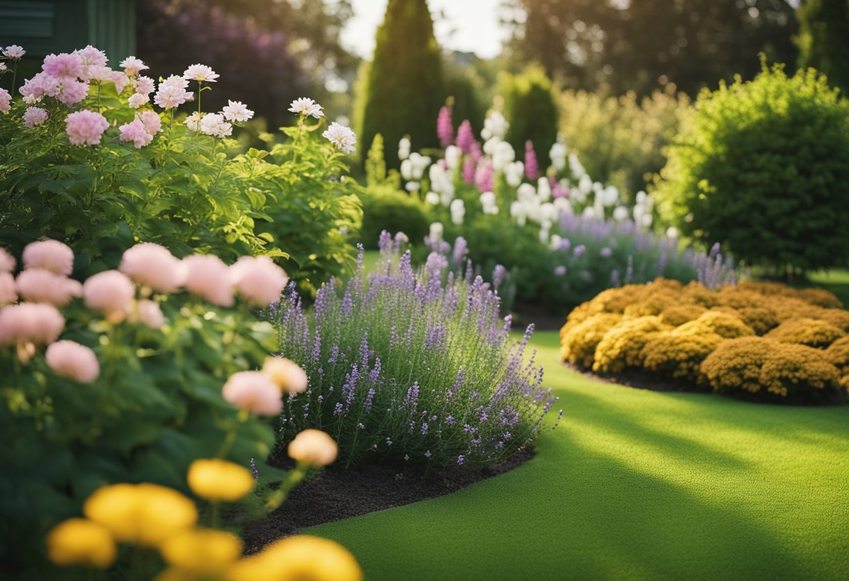 A garden with various low-maintenance plants in bloom, showcasing year-round beauty. No human subjects or body parts included