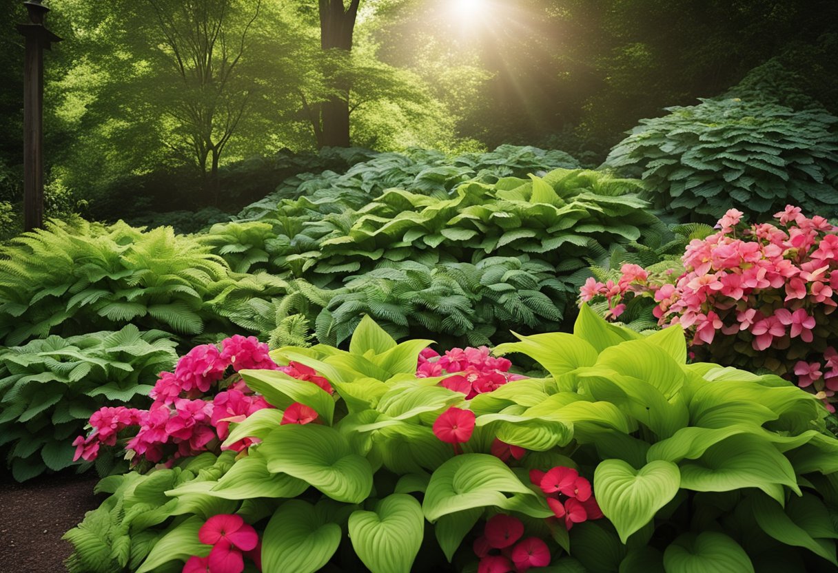 Lush green ferns and vibrant hostas thrive under the dappled sunlight filtering through the leafy canopy, while delicate impatiens and colorful begonias add pops of color to the shaded garden bed