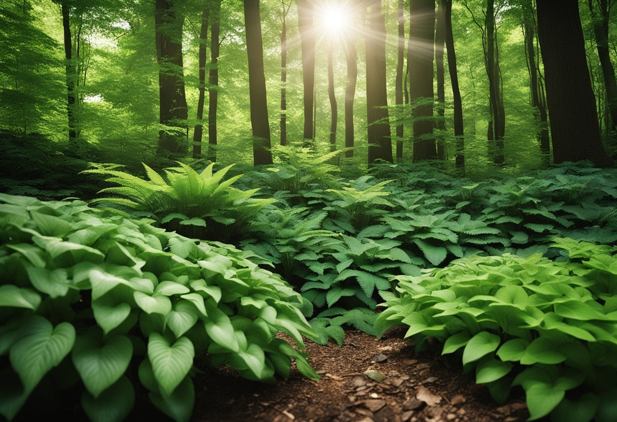 Lush ferns, hostas, and impatiens thrive in the dappled shade of a wooded area, surrounded by towering trees and filtered sunlight