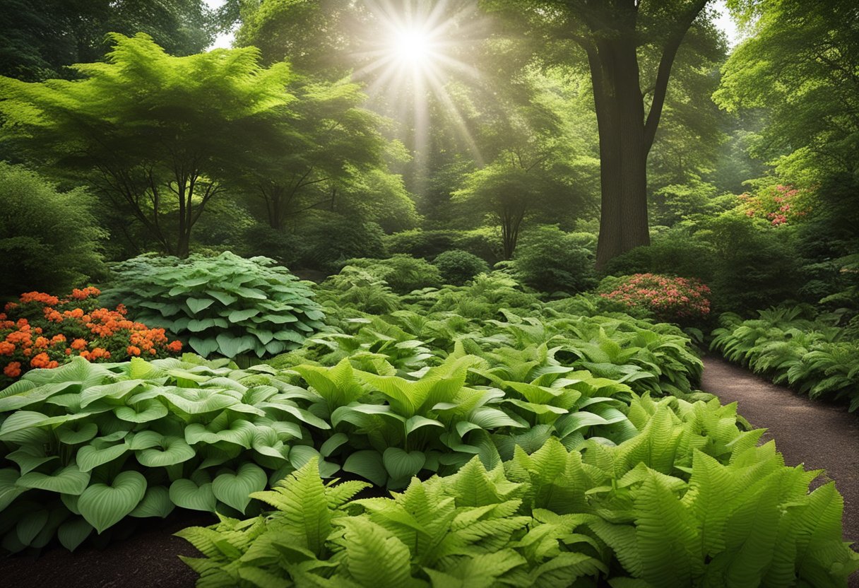 Lush green foliage of ferns and hostas fill a shaded garden bed, accented by pops of color from impatiens and begonias. Tall trees provide dappled light, creating a serene and inviting outdoor space