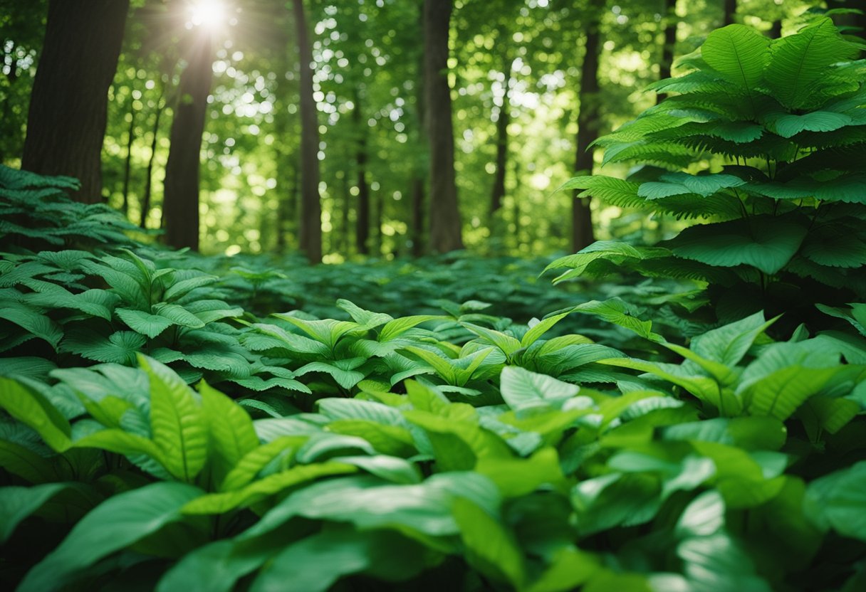 Lush green foliage thrives under the dappled shade of a tree. A variety of shade-loving plants, such as ferns, hostas, and impatiens, create a serene and beautiful outdoor space