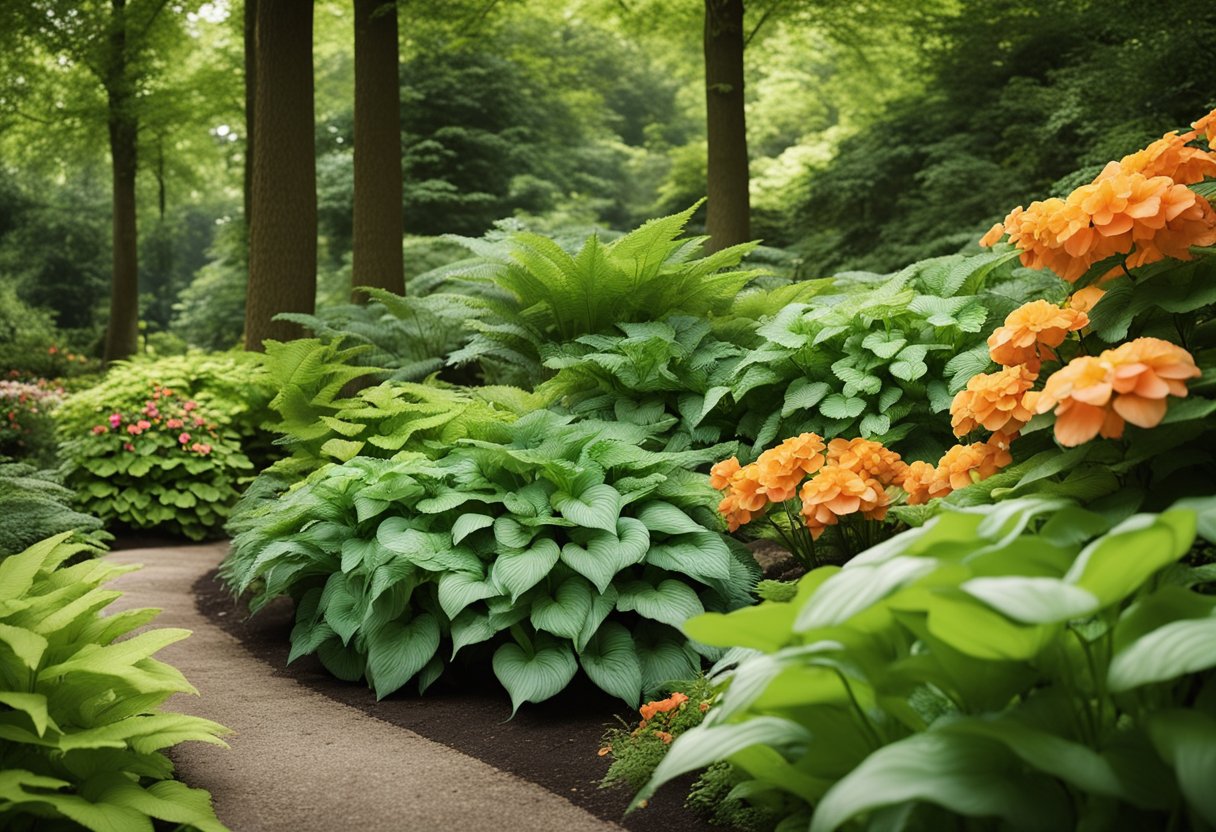 Lush green ferns and vibrant hostas thrive in the dappled shade of tall trees, while delicate impatiens and colorful begonias bloom in the cool, shaded corners of the garden