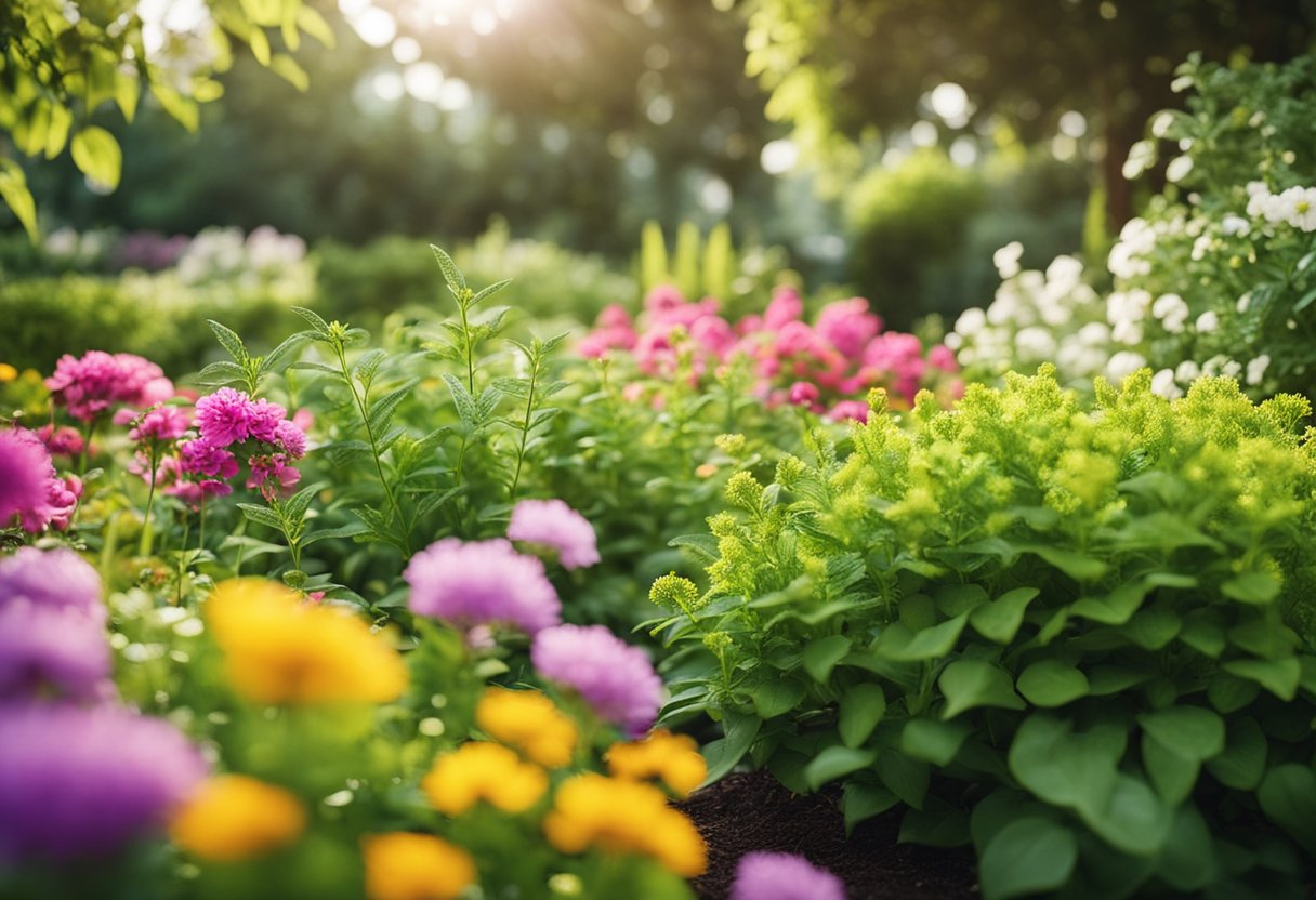 Lush green garden with colorful blooms, aromatic herbs, and fragrant flowers. Sunlight filters through the leaves, creating a peaceful and inviting atmosphere