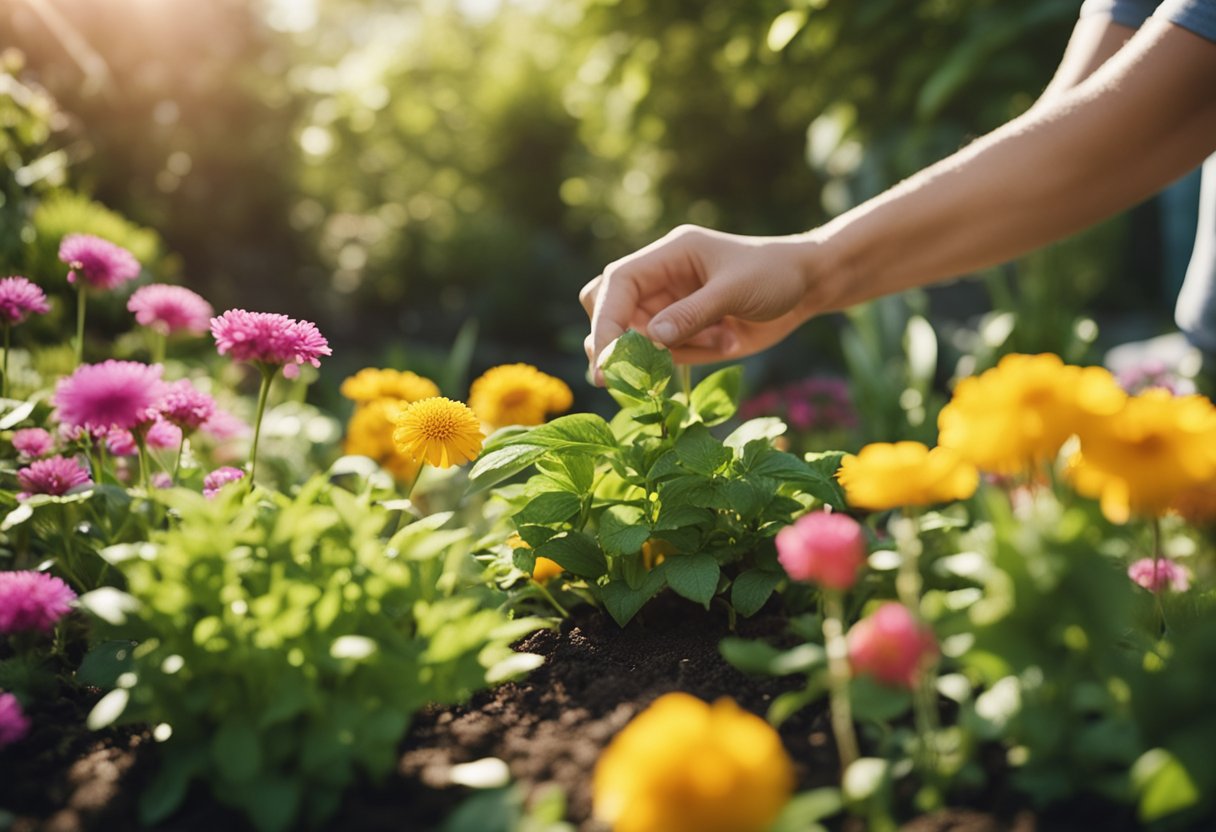 A person planting fragrant outdoor plants in a garden, surrounded by colorful flowers and lush greenery. The sun is shining, and there is a sense of tranquility in the air