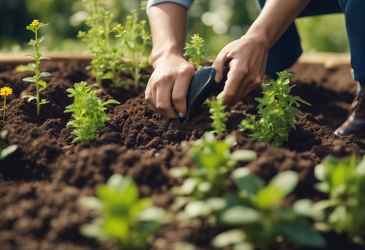 A person gently digs into the soil, planting aromatic herbs and flowers. They carefully tend to the plants, watering and nurturing them in a sunny garden