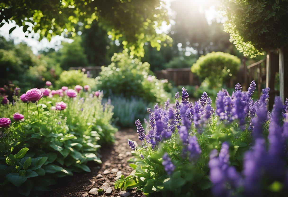 A lush garden with a variety of fragrant outdoor plants, including lavender, jasmine, and roses, surrounded by sustainable gardening practices such as composting and rainwater harvesting