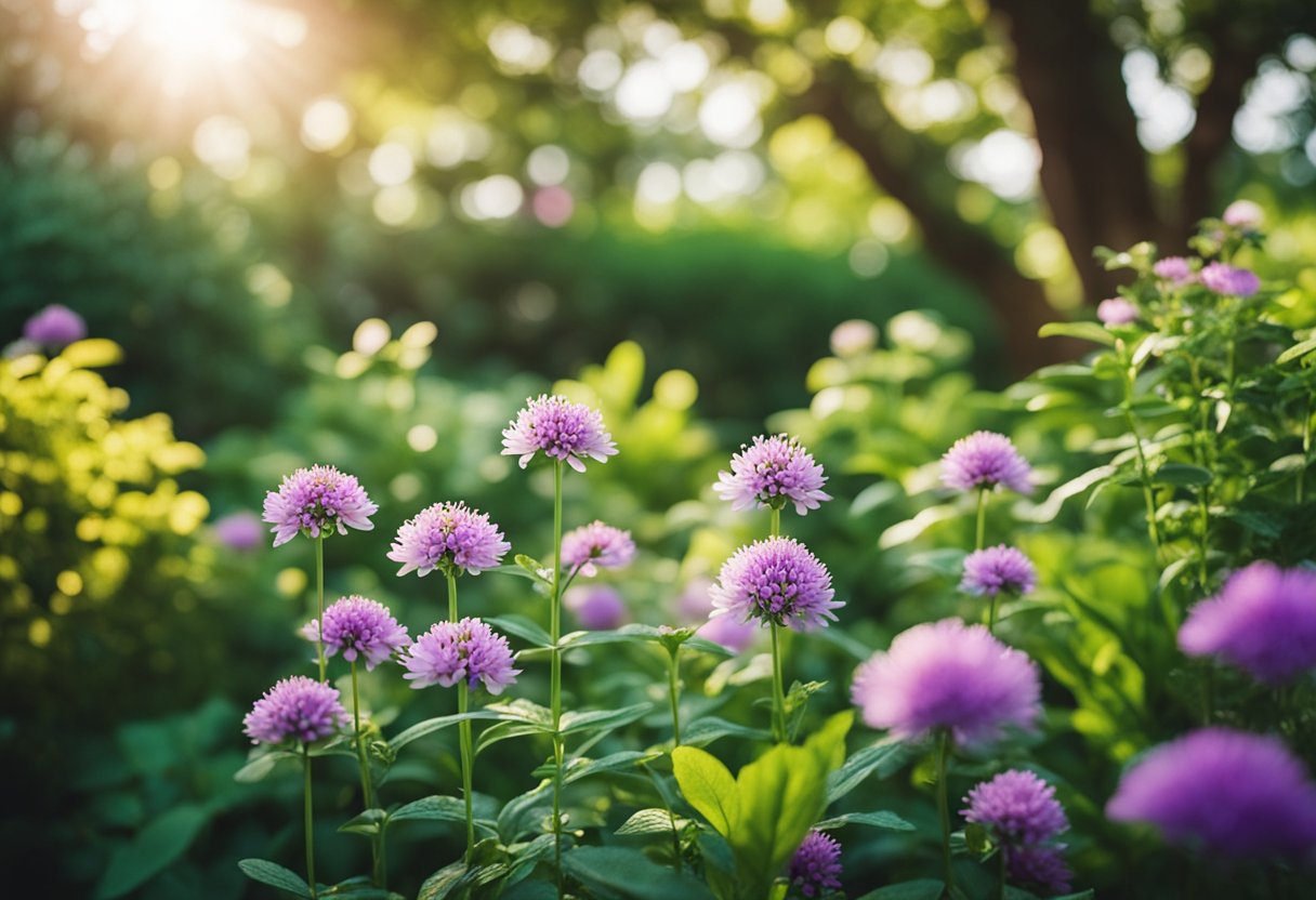 Lush garden with colorful fragrant plants, blooming flowers, and aromatic herbs. Sunlight filters through the leaves, creating a serene and inviting atmosphere