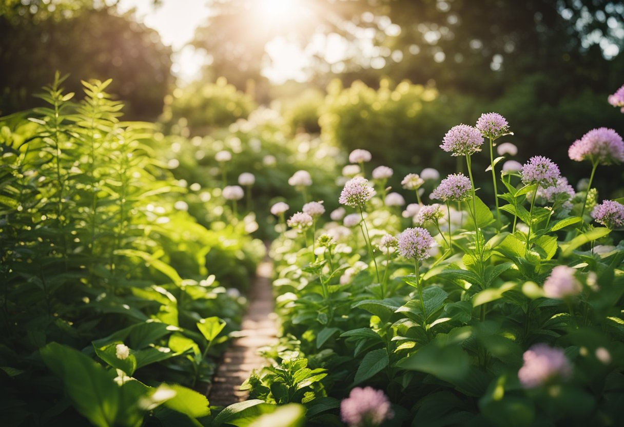 Lush garden with blooming flowers, aromatic herbs, and vibrant foliage. Sunlight filters through the greenery, creating a peaceful and inviting atmosphere