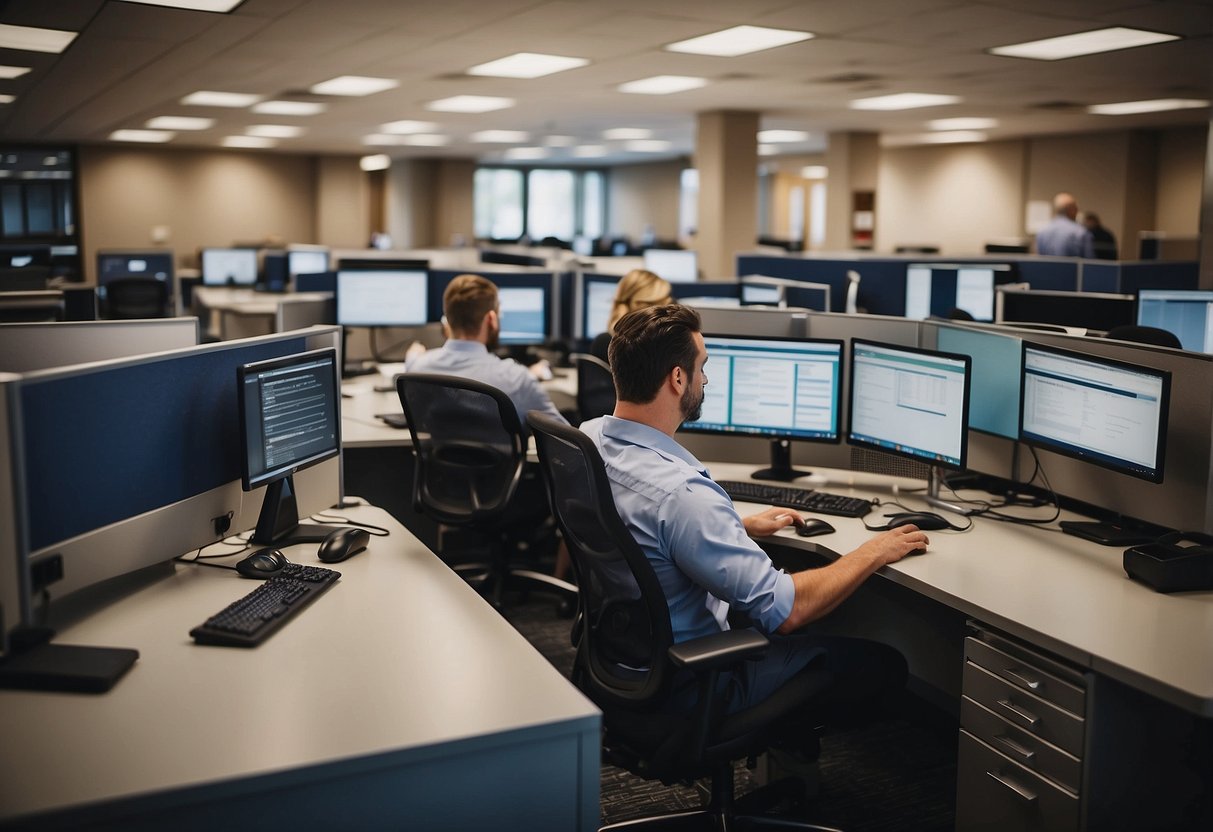 A bustling office in South Lyon, MI, with employees collaborating on SEO strategies and analyzing data to improve online visibility